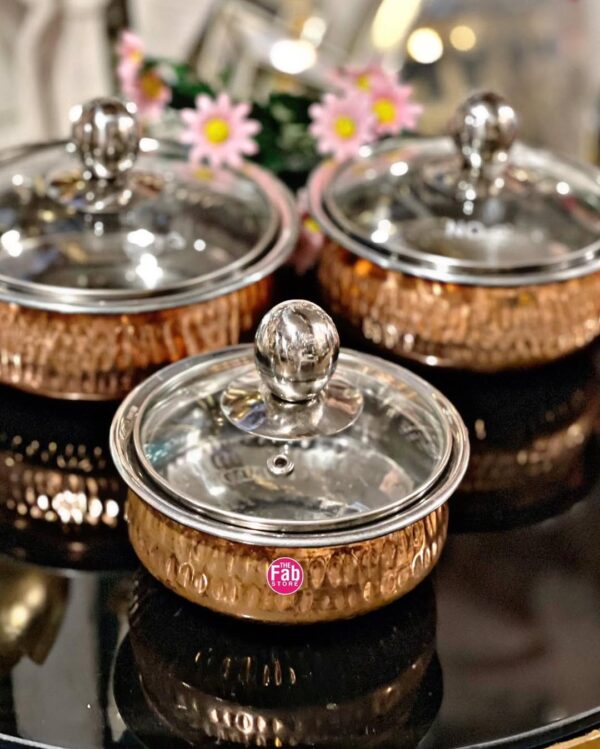 Real Copper Shahi Serving Handi with Glass Lid