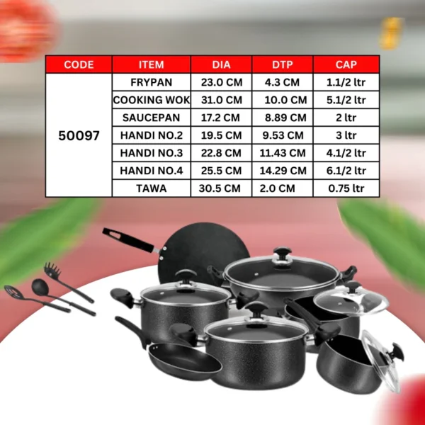 What's Included: Frypan: 23cm Cooking Wok: 31cm Saucepan: 17cm 3Casseroles (Handi): 19.5cm 22.5cm 25cm Tawa: 30.5cm Spoon: 6 Pcs