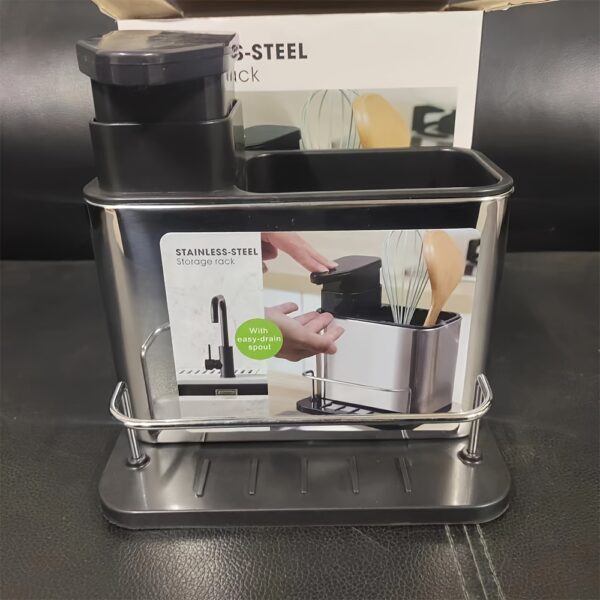 Stainless Steel Storage Rack with Soap Dispenser – Bathroom & Kitchen Organizer