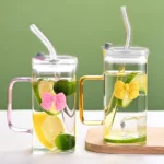 400ml Square Glass Mug with Lid & Straw – Transparent, Microwave Safe Coffee & Milk Cup