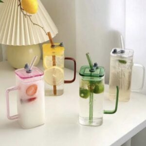 400ml Square Glass Mug with Lid & Straw – Transparent, Microwave Safe Coffee & Milk Cup | Elegant Square Drinkware for Home & Office