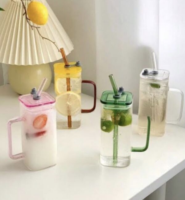 400ml Square Glass Mug with Lid & Straw – Transparent, Microwave Safe Coffee & Milk Cup | Elegant Square Drinkware for Home & Office