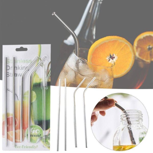 Pack of 5 Stainless Steel Reusable Bent Metal Drinking Straws with Cleaning Brush – Eco-Friendly, Durable & Rust-Resistant Straws