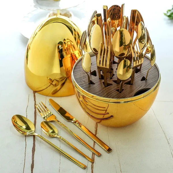 Imported Premium 24-Piece Golden Egg Shape Cutlery Set – Stainless Steel, Elegant Golden Finish