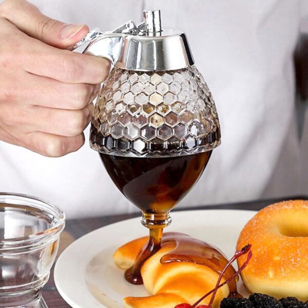 Acrylic Honey Dispenser with Bowl Stand – No Drip Syrup Dispenser Jar For Honey, Maple Syrup & Liquid Sweeteners