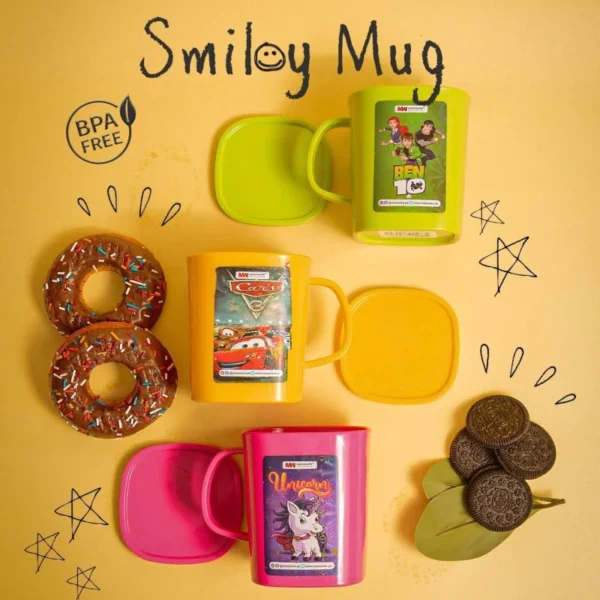 Kids Plastic Mug with Lid 350 ml – Printed Characters, Spill-Resistant & Durable (Random Colours)
