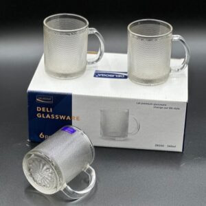 DELISOGA Fine Textured Glass Mugs – 6 Pcs (340 ml each) Elegant Clear Drinkware