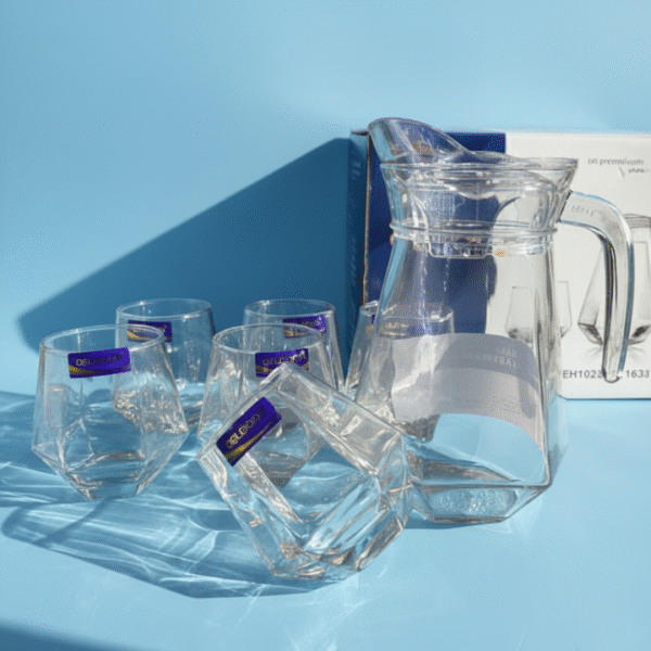 Delisoga 7 Pcs Diamond Shape Glass Water Set – 1 Jug & 6 Glasses | Premium Transparent Glassware Set