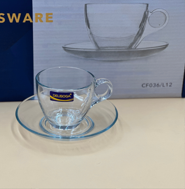12 Pcs – DELISOGA Fine Glass Cup & Saucer Set – (6 Cups + 6 Saucers) Elegant Clear Design