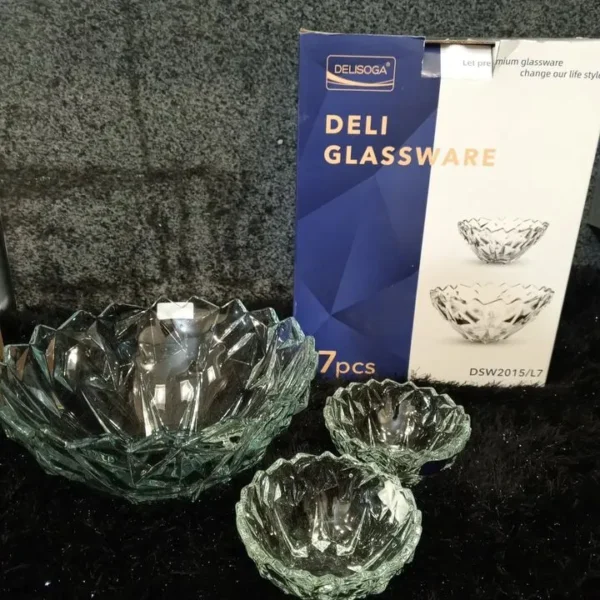 Delisoga 7-Pcs Fine Textured Glass Fruit & Dessert Bowl Set – Premium Heavy Crystal Design for Serving Fruits, Custard & Ice Cream