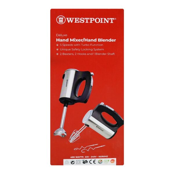 Westpoint WF-9802 Deluxe Hand Mixer & Hand Blender – 5 Speed Turbo Function, 400W Powerful Motor, 2 Beaters, 2 Hooks & 1 Blender Shaft